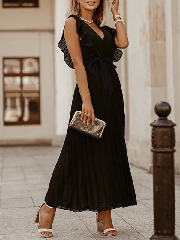 Loose Sleeveless Pleated Color Split-joint Tied Waist V-neck Maxi Dresses