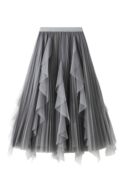 High-waisted Ruffled Patchwork Mesh Skirt