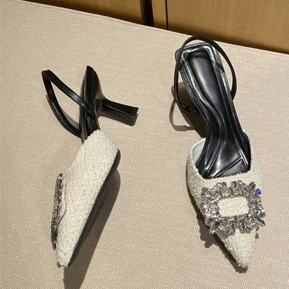 Crystal Buckle Pointed Toe Low Thin Heels Wedding Prom Shoes Wool Pumps Sandals