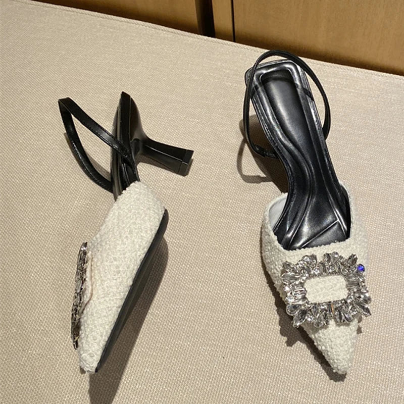 Crystal Buckle Pointed Toe Low Thin Heels Wedding Prom Shoes Wool Pumps Sandals