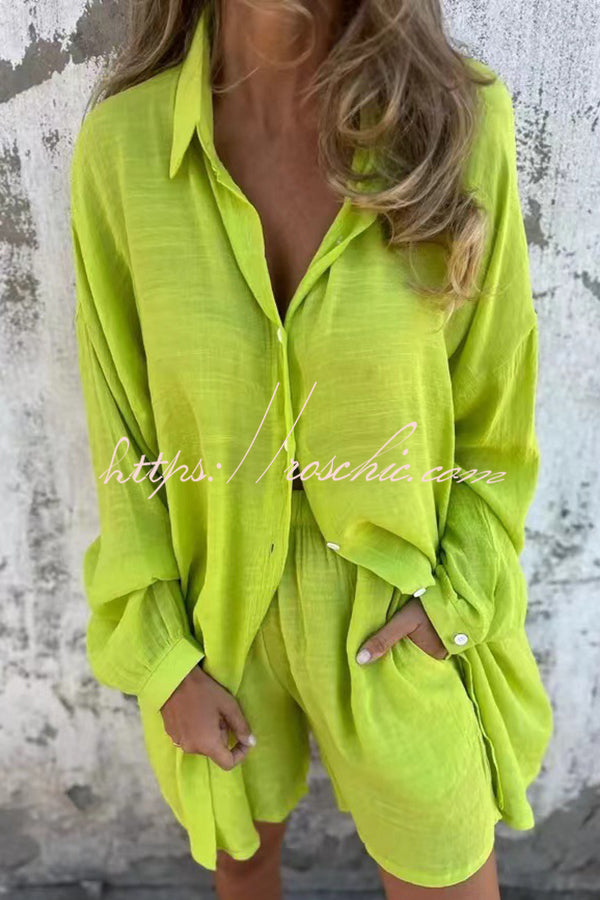 Color Lapel Long Shirt and Elastic Waist Loose Pocket Shorts Set