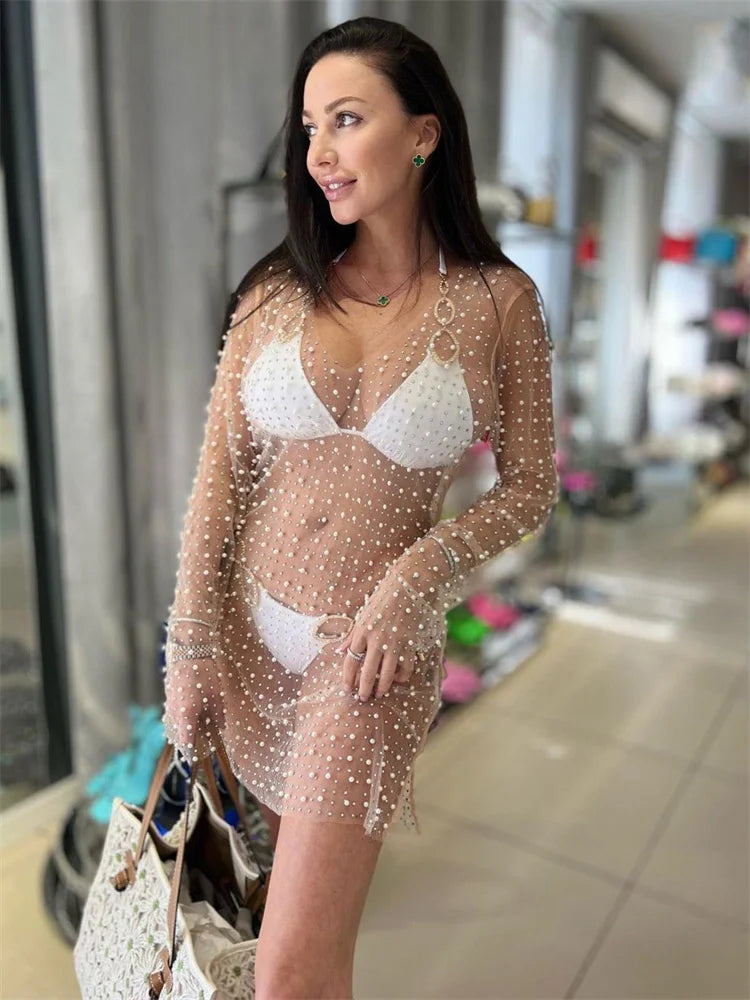 Summer See-through Mesh Cover Up Beach Mini Dress Outfits V-neck Split Hollow Out Holiday Beach Dress Pullover