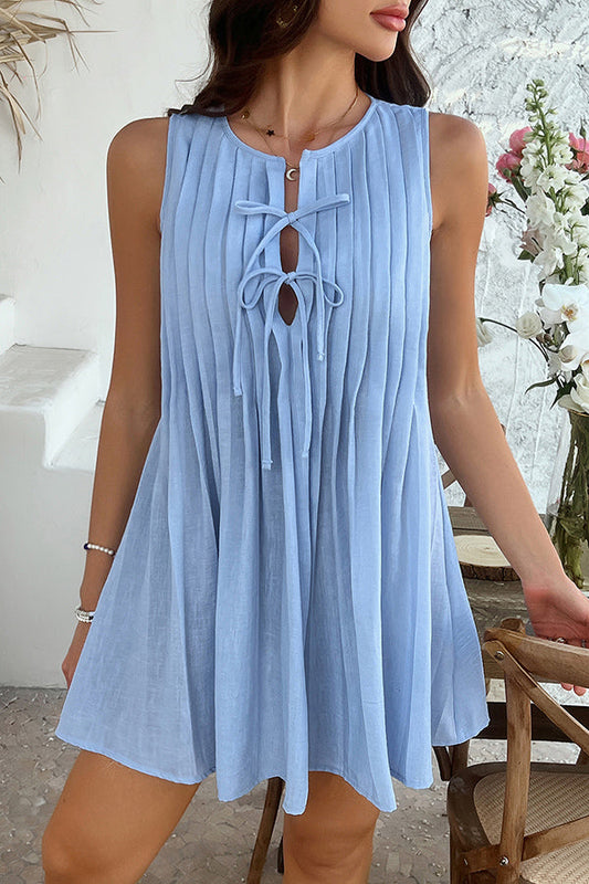 Color Sleeveless Tie Pleated Mini Dress
