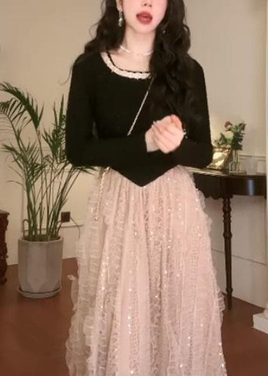 French Colorblock O Neck Patchwork Tulle Long Dress Fall Qx035