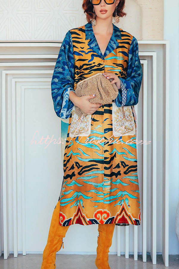 Tropical Jungle Tiger Unique Print Long Sleeve Belt Pocketed Kimono Coat