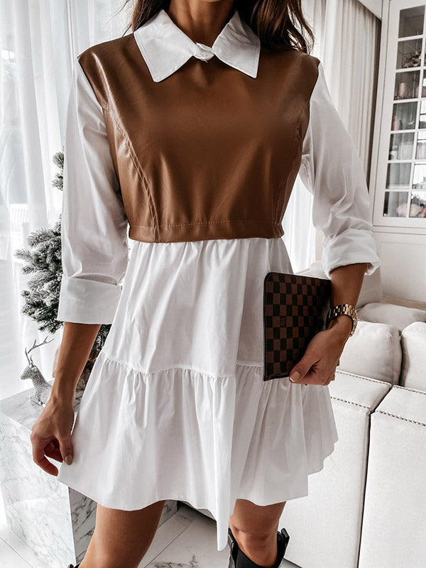 Long Sleeves Loose Contrast Color Pleated Split-joint Lapel Mini Dresses