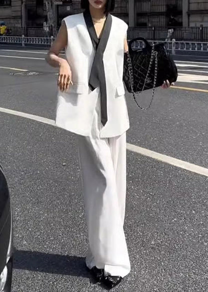 White Tops and Pants Linen Sets 2 Pieces Summer Ee050