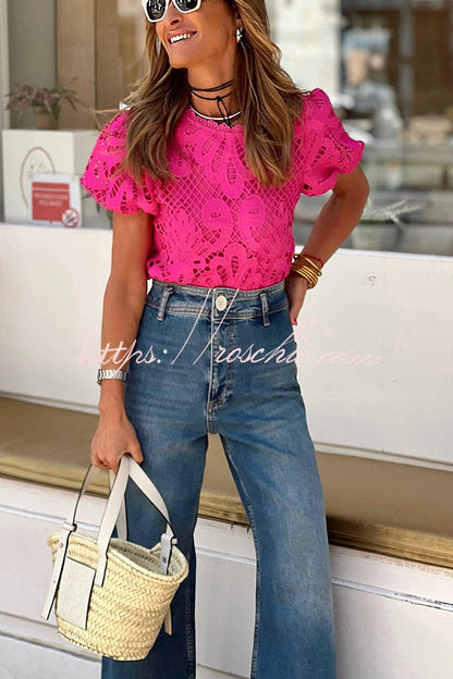 Here Comes the Sun Crochet Lace Puff Sleeve Blouse