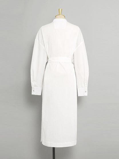 Long Sleeves Loose See-through Split-joint Split-side Tied Waist V-neck Midi Dresses Shirt Dress