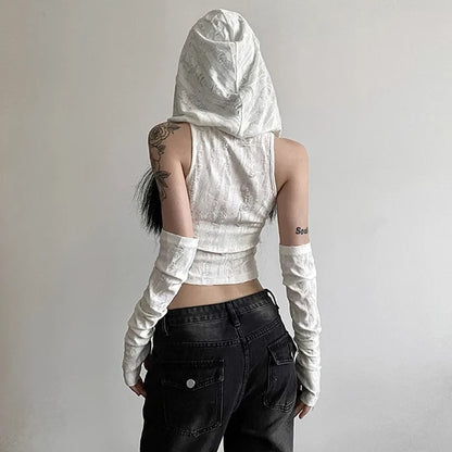 Hole Oversleeve Crop Top Aesthetic Black T-shirts Y2k Retro Hooded Tops Punk Tee Shirt Summer