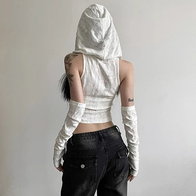 Hole Oversleeve Crop Top Aesthetic Black T-shirts Y2k Retro Hooded Tops Punk Tee Shirt Summer