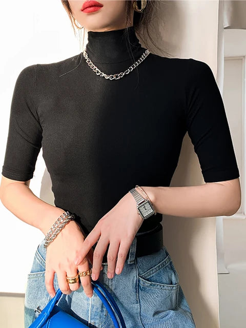 Basic Cotton T Shirt Turtleneck Slim Tshirt Short Sleeve T-shirts Female Elasticity White Tee Shirt Femme Woman Top