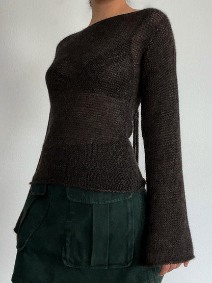 Brown Round-neck Back Cross Hollow Lace-up Long Bell Sleeve Sweater An1039