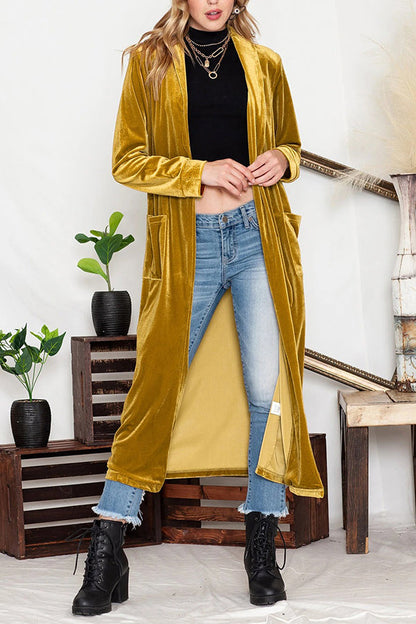 Yellow Velvet Open Front Pocket Long Cardigan