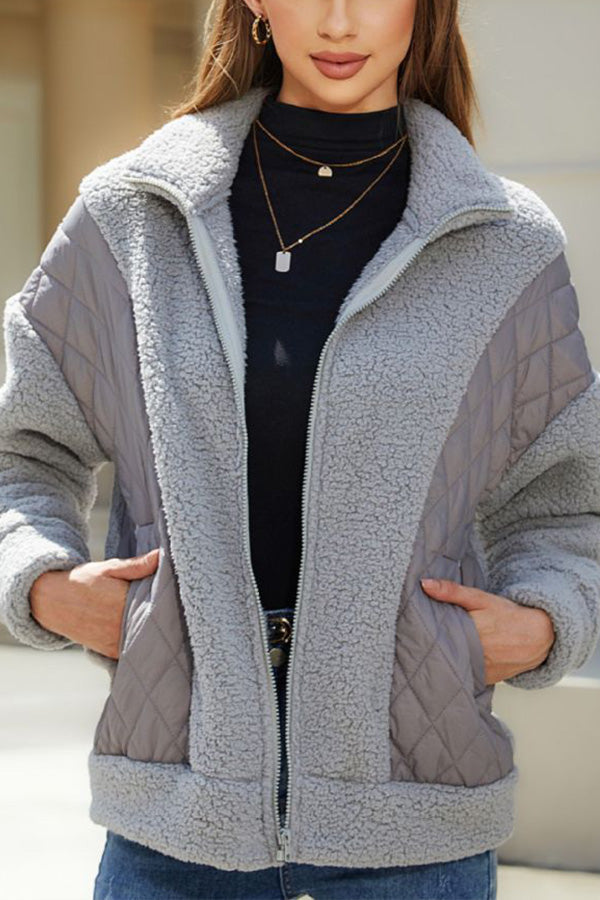 Long Sleeve Cardigan Zipper Plush Patchwork Jacket