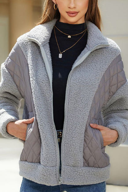 Long Sleeve Cardigan Zipper Plush Patchwork Jacket