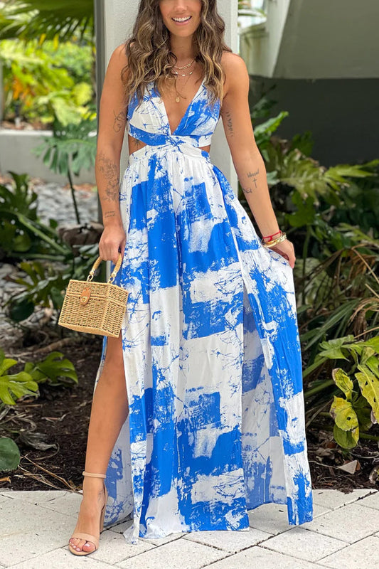 White and Blue Printed Maxi Dress With Cut Outs