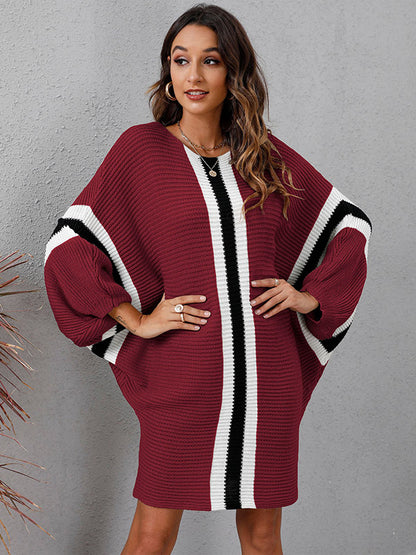 Original Loose 4 Colors Striped Round-neck Batwing Long Sleeves Sweater Dress