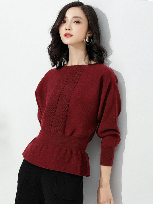 Red Boat Neck Tunic Ruffled Hem Long Sleeve Sweater An1040
