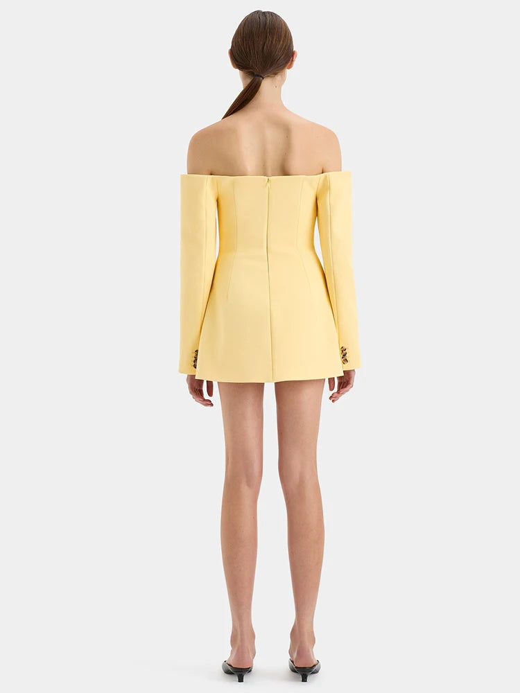 Off-shoulder Strapless Blazer Dress for Zipper Two Pocket Long Sleeve Backless Mini Dress