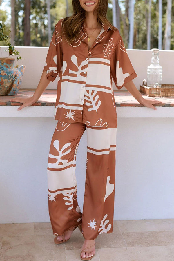 The Beach Unique Color Block Print Button Up Shirt and Elastic Waist Pants Set