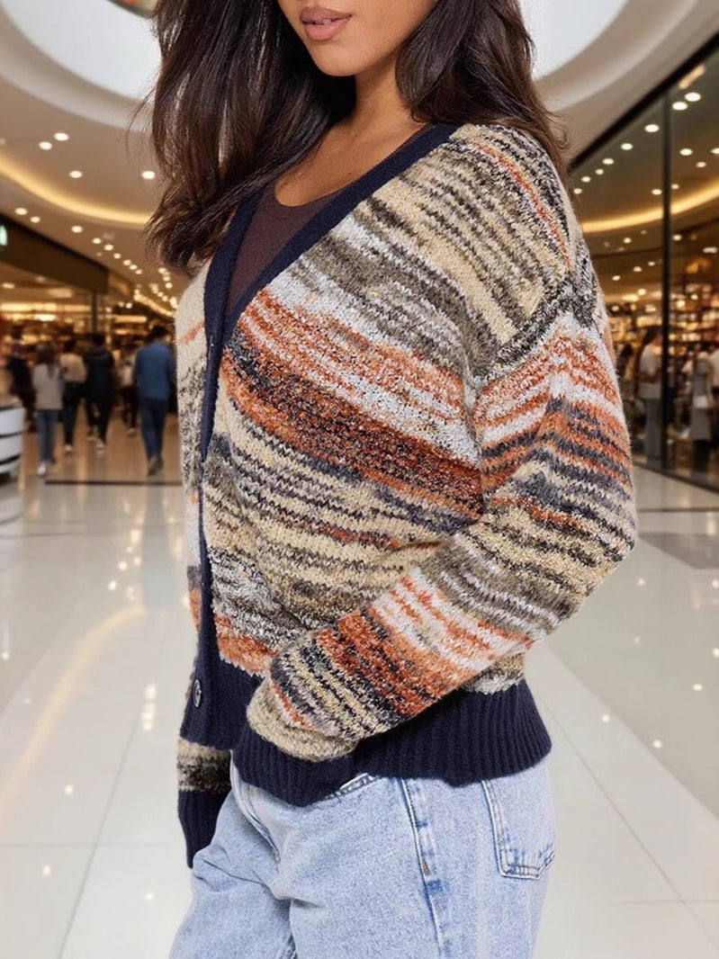 Color-block Striped V-neck Retro Knit Sweater