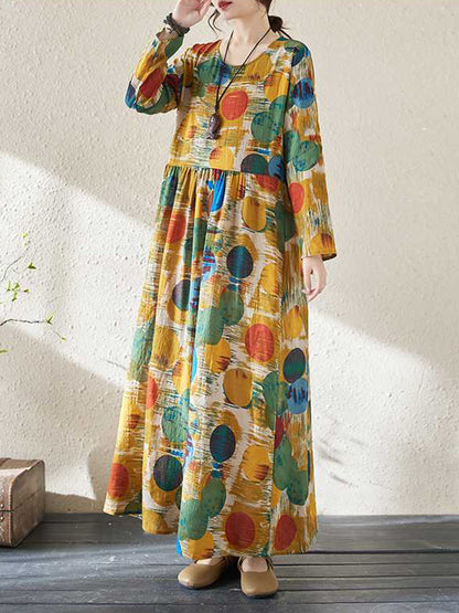 A-line Long Sleeves Pleated Polka-dot Split-joint Round-neck Maxi Dresses