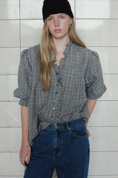 Plaid Ruffle Long Sleeve Blouse