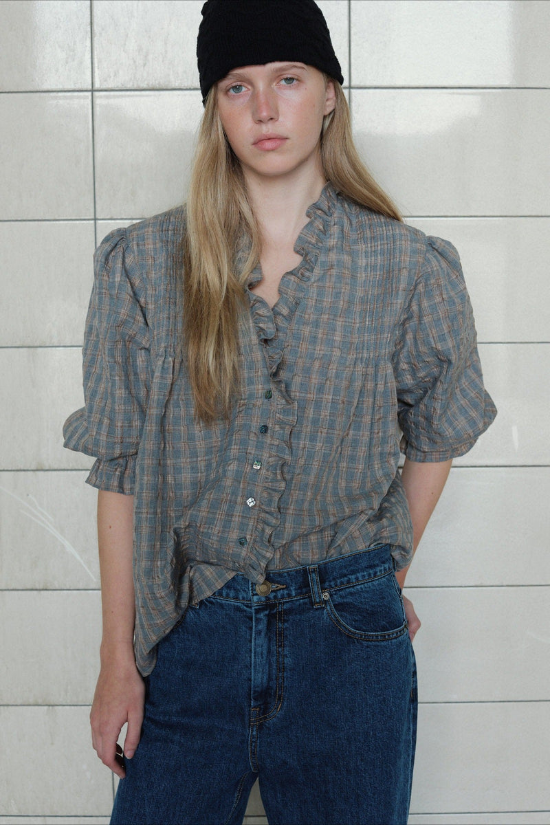 Plaid Ruffle Long Sleeve Blouse