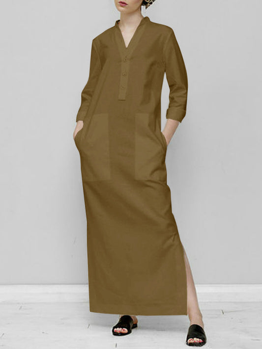 Long Sleeves Loose Color Split-joint V-neck Maxi Dresses