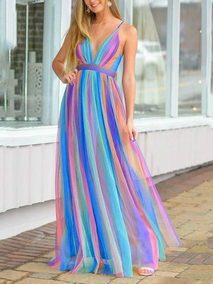 Rainbow Chiffon Spaghetti Strap Dresses Deep V-neck Backless Long Dress Evening Party Vestidos