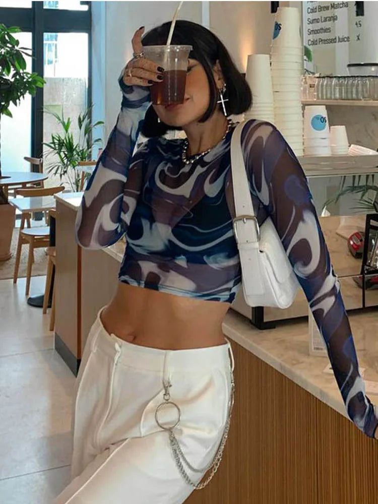 Female Crop Tops Mesh Sheer Print Round Neck Long Sleeve T-shirt Pullovers Y2k Harajuku Tops