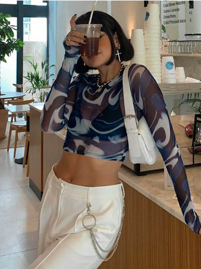 Female Crop Tops Mesh Sheer Print Round Neck Long Sleeve T-shirt Pullovers Y2k Harajuku Tops