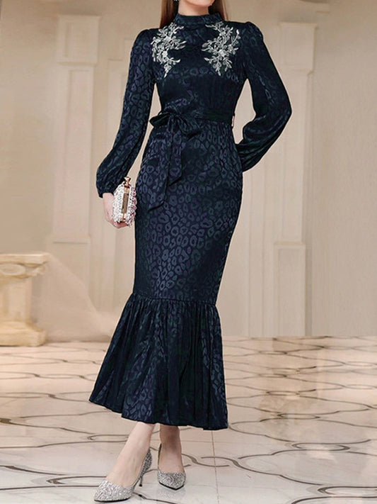 A-line Bishop Sleeve Elasticity Leopard Split-joint Tied Waist Mock Neck Maxi Dresses