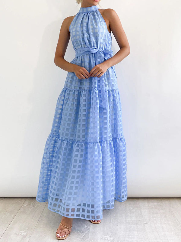 Loose Sleeveless Plaid Ribbed Stand Collar Maxi Dresses