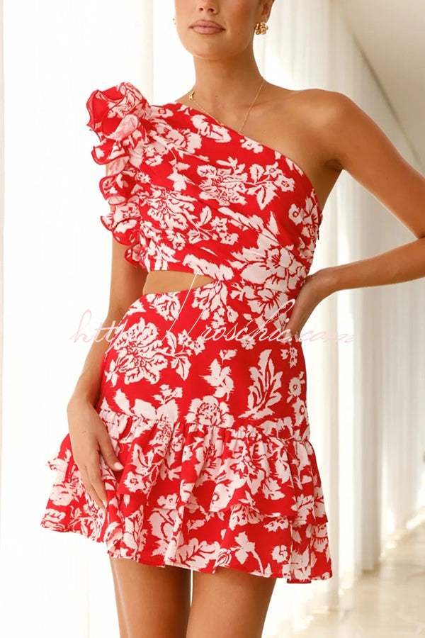 Print One-shoulder Ruffled Waist Cutout Mini Dress
