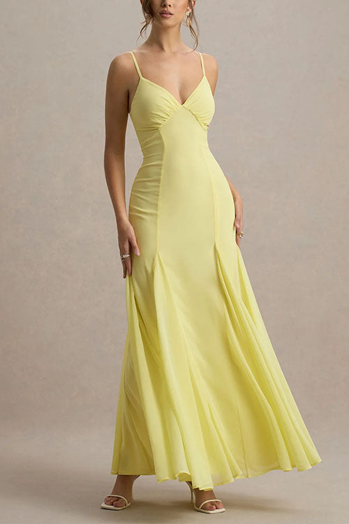 V Neck Adjustable Strap Bodycon Flare Maxi Dress