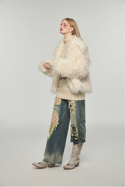 Fluffy Long Lapel Color Versatile Eco-fur Coat