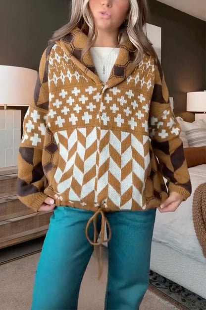 Button Down Drawstring Hem Geometric Pattern Sweater Cardigan