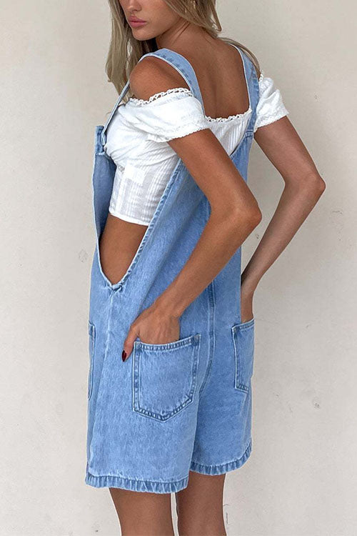 Button Up Pocketed Denim Romper