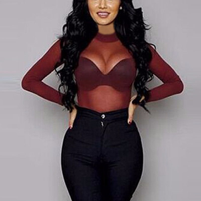 Stretch Tight See-through Ultra Thin Mesh Bottoming Shirt Transparent Long-sleeved T-shirt for