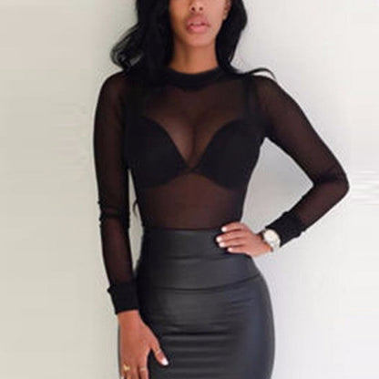 Stretch Tight See-through Ultra Thin Mesh Bottoming Shirt Transparent Long-sleeved T-shirt for