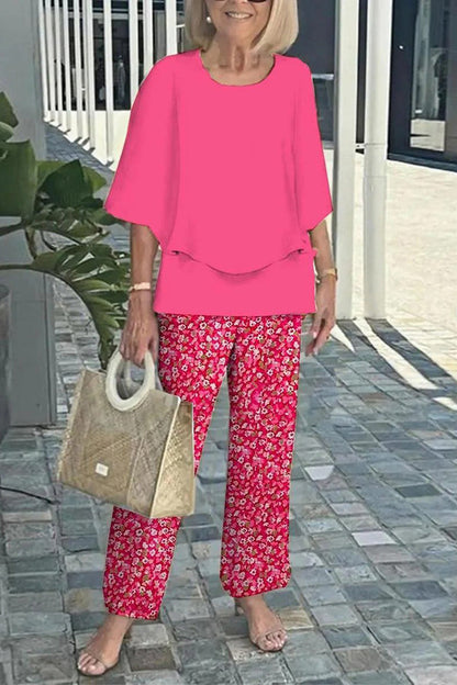 Round Neck Half Sleeve Loose Top and Elastic Waist Straight Pants Set