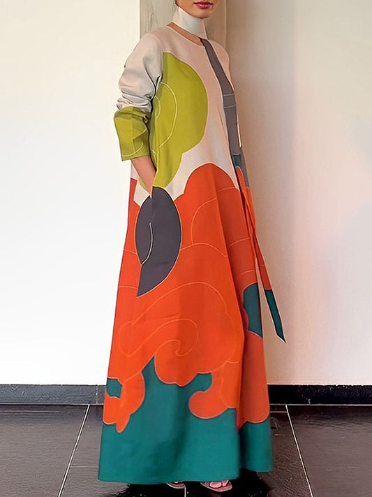 Long Sleeves Loose Printed Split-joint Round-neck Maxi Dresses
