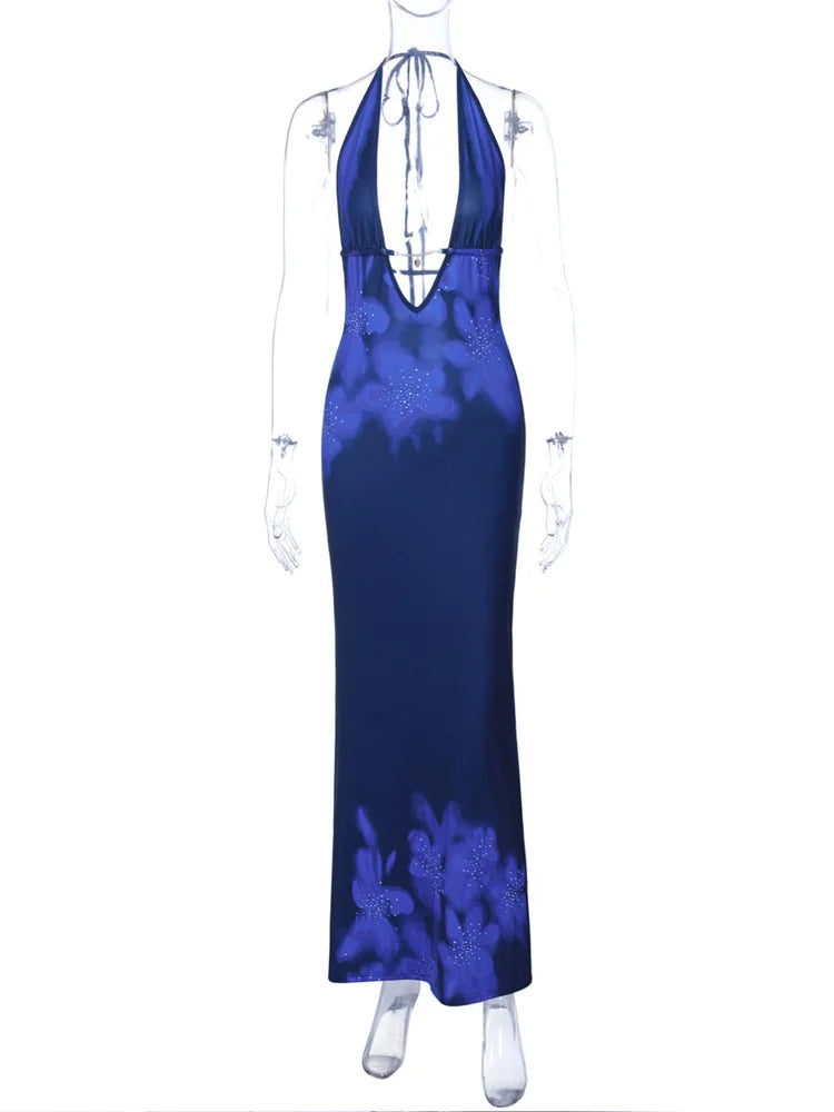 Backless Printed Maxi Dress ’s V-neck Lace-up Slim Patchwork Contrast Bandage Dress Female Long Dress