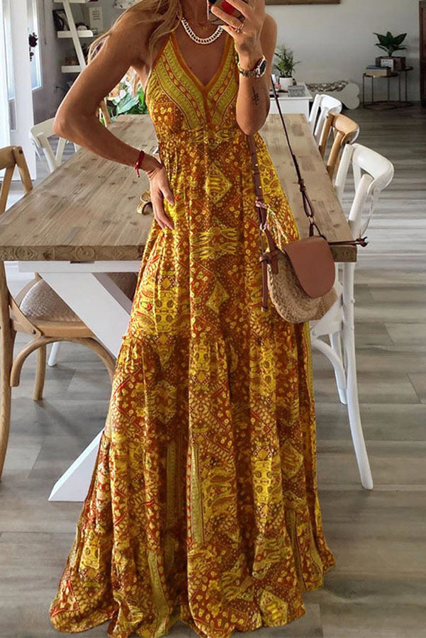 Celeste Printed Strap Elastic Waist Maxi Dresses