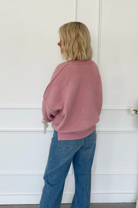 3d Applique Bow Paneled Loose Sweatshirt