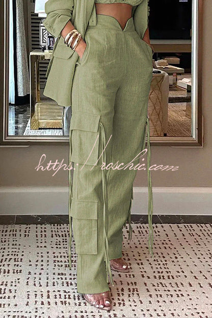Stylish Lapel Long Sleeve Loose Jacket and Pocket Lace-up Straight Leg Pants Set