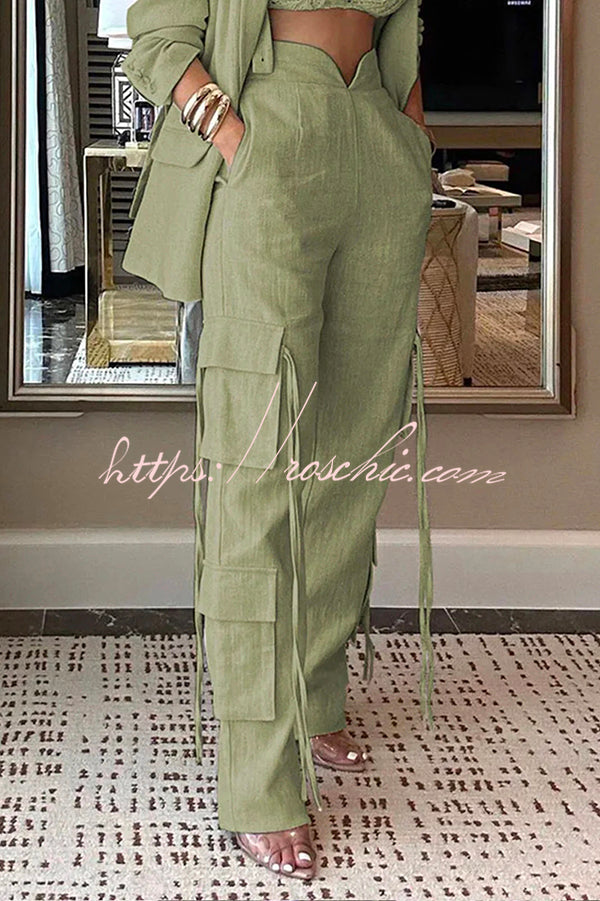 Stylish Lapel Long Sleeve Loose Jacket and Pocket Lace-up Straight Leg Pants Set