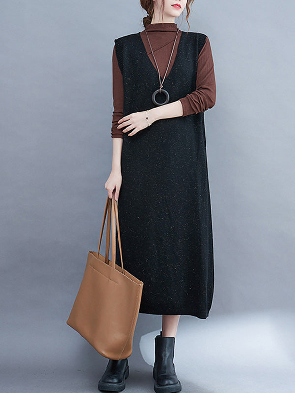 Color Knitting V-neck Sleeveless Sweater Dress
